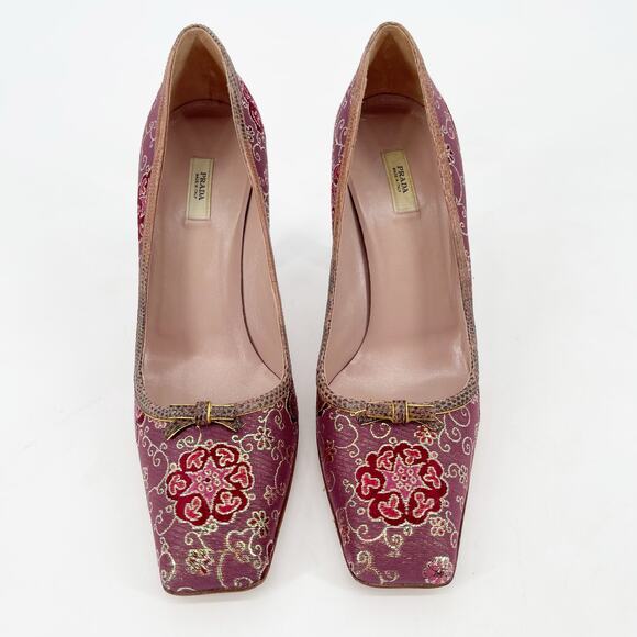 Vintage Prada Plum Gold Brocade Snakeskin Trim Bow Square Toe Heels IT 37.5 - Picture 6 of 13